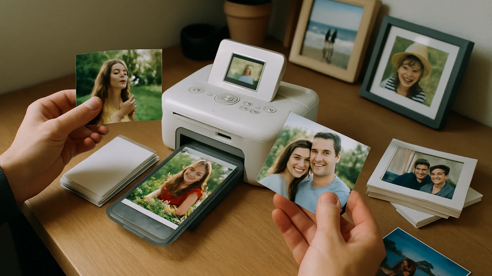 Person reviewing photo prints beside a photo printer
